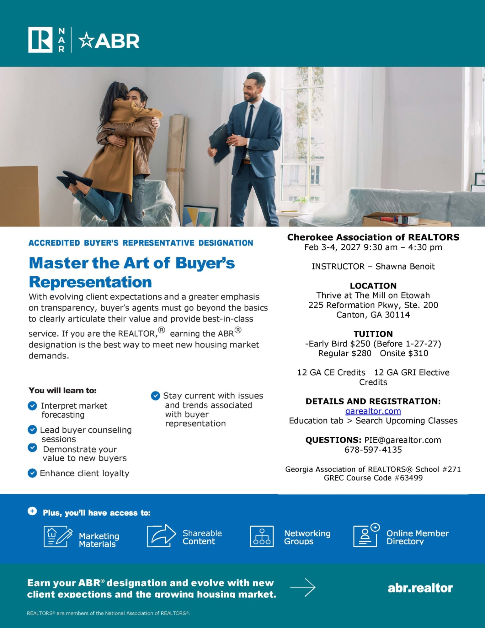 ABR flyer with realtor watching two people hug in congratulations